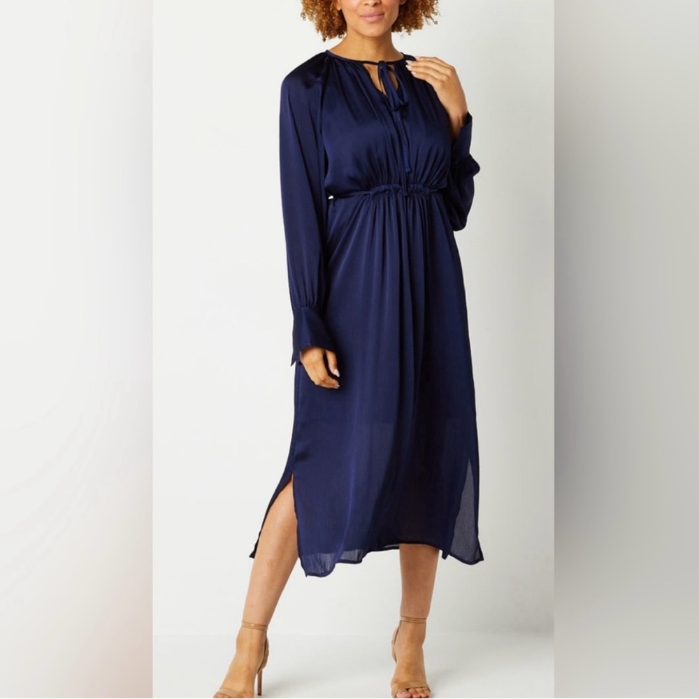 NWT Ryegrass Navy Blue Long Sleeve Tie Boho Midi Dress Size Large Minimal